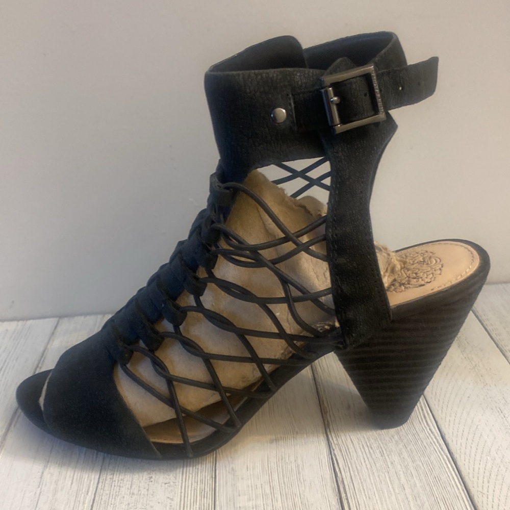 🆕 Vince Camuto Black Leather Lacey Heels with Above Ankle Buckle Strap